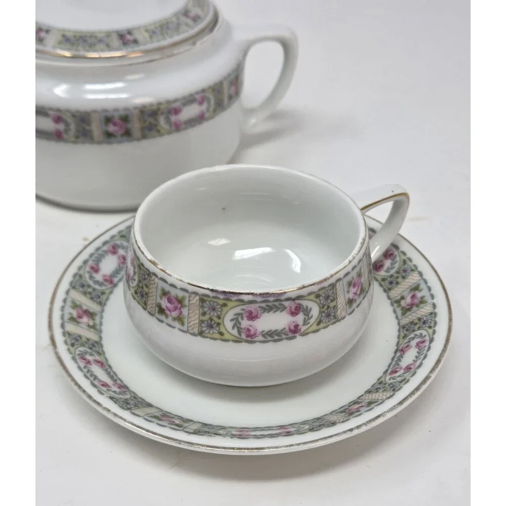 KPM Germany Antique‎ Porcelain Tea Set Creamer Sugar 2 Cups Saucers Rose 1900s